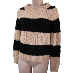 J Crew Handknit Wool Sweater XS Black Cream Stripes Cozy Cable Knit GUC